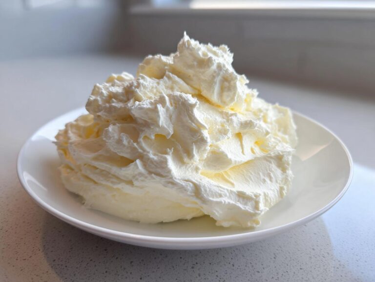 A generous swirl of light, fluffy vanilla buttercream frosting piled high on a small white plate.