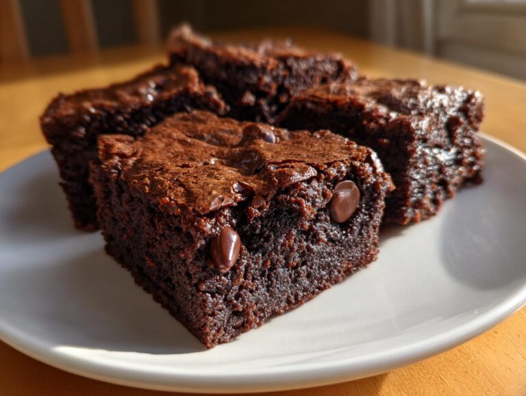 Close-up of fudgy zucchini brownies with visible chocolate chips served on a white plate.