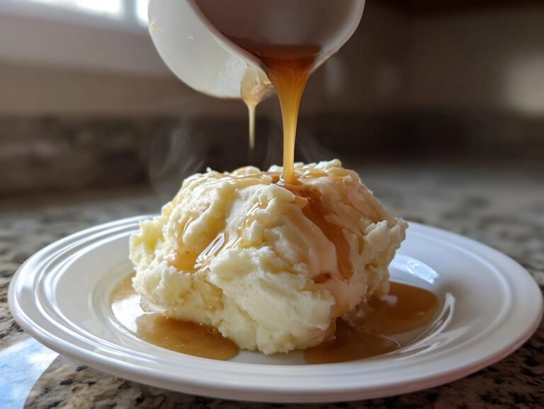 Hot homemade KFC gravy copycat being poured from a white pitcher onto a mound of steaming mashed potatoes.