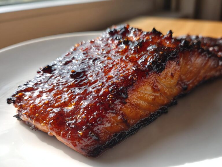 Close-up of a perfectly cooked salmon fillet featuring a thick, glistening, caramelized hot honey glazed salmon topping.