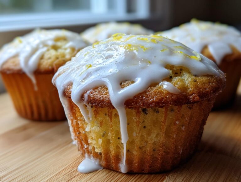 Close-up of a freshly baked lemon poppy seed muffin topped with thick white glaze and lemon zest.