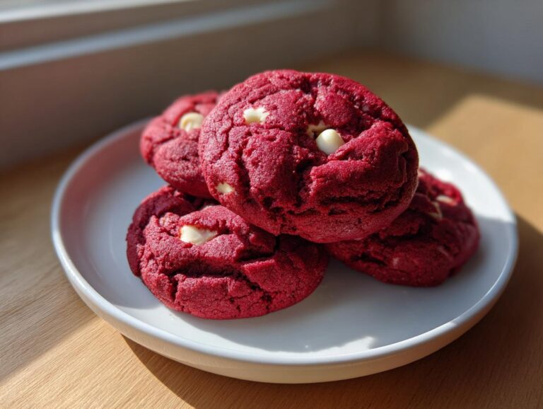 A stack of four vibrant red velvet cake mix cookies studded with white chocolate chips, resting on a white plate.