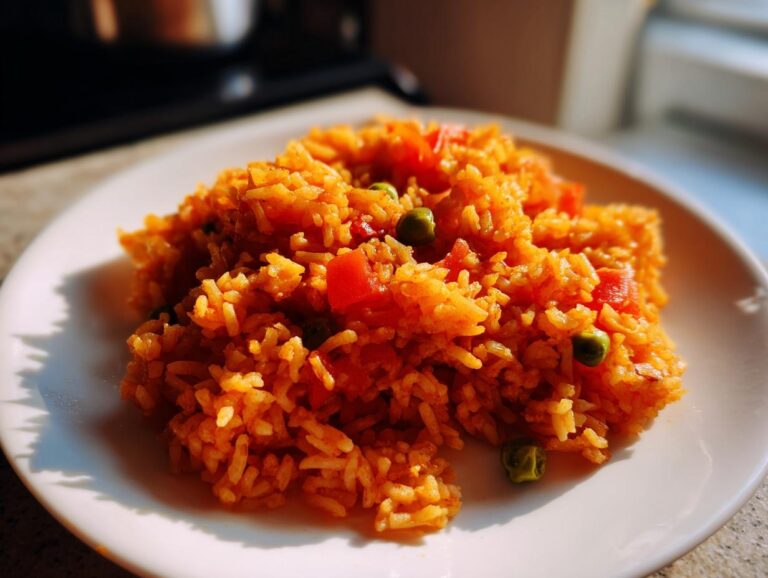 A serving of vibrant orange Mexican rice recipe, mixed with diced tomatoes and green peas, resting on a white plate.