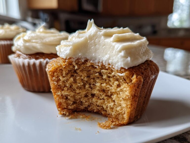 Close-up of a banana cupcakes cut in half showing the moist interior and thick cream cheese frosting.