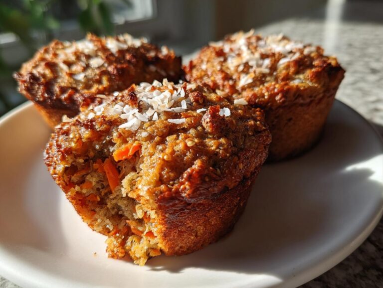 Three freshly baked morning glory muffins on a white plate, one is broken open showing carrots and texture.