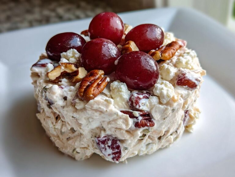 A molded serving of high protein chicken salad topped with red grapes and pecans on a white plate.