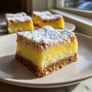 A close-up of a square no-bake lemon bars slice, featuring a graham cracker crust, creamy filling, and dusted with powdered sugar.