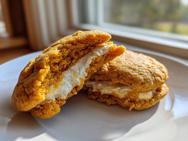 Close-up of two pumpkin cheesecake cookies split open, revealing thick, creamy white filling.