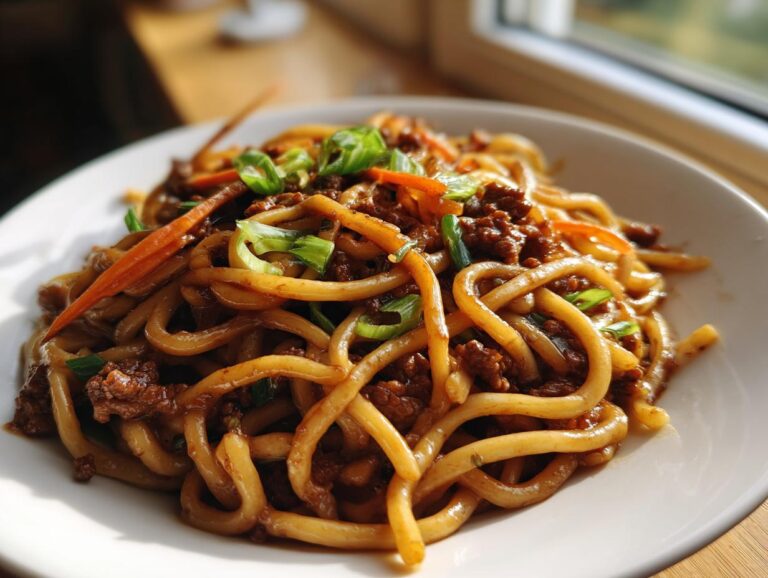 Close-up of a plate filled with saucy quick weeknight lo mein with ground beef, carrots, and green onions.