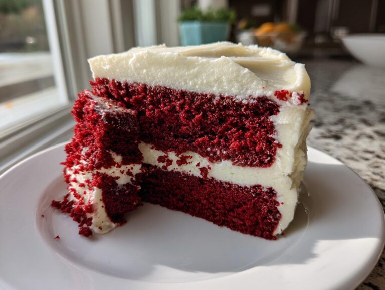A tall, decadent slice of red velvet cheesecake with thick layers of deep red cake and white cream cheese frosting.
