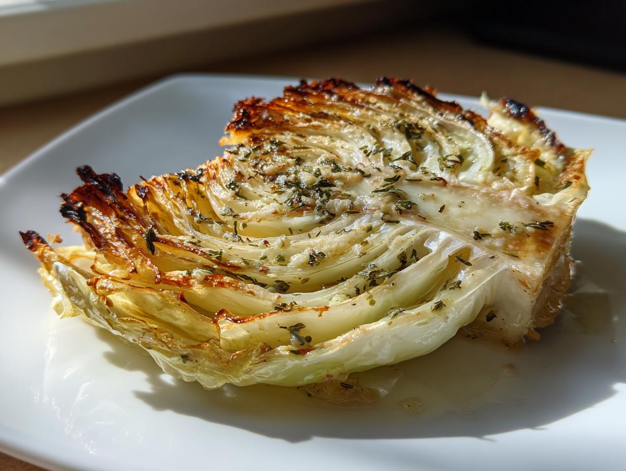 A single, thick slice of roasted cabbage steak seasoned with herbs, showing caramelized edges.