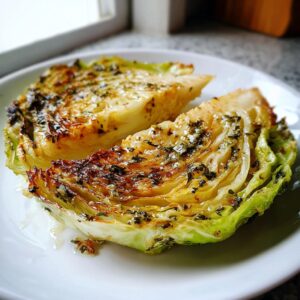 Two thick wedges of golden brown roasted cabbage steaks seasoned with herbs, served on a white plate.