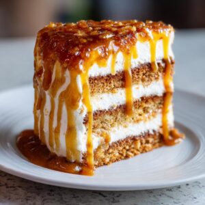A tall slice of salted caramel banana cake with multiple layers of cake and white frosting, heavily drizzled with caramel sauce.