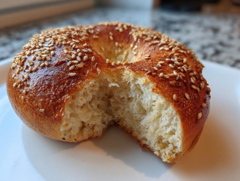 Close-up of a golden brown greek yogurt bagel topped with sesame seeds, showing the soft interior after a bite was taken.