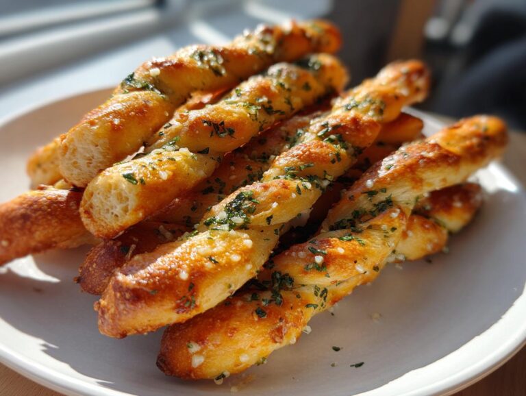 A pile of golden brown, twisted sourdough discard breadsticks seasoned with garlic and parsley on a white plate.