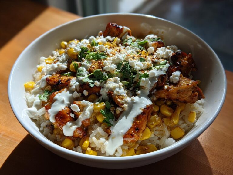 A vibrant street corn chicken rice bowl featuring grilled chicken, corn, cotija cheese, cilantro, and crema.
