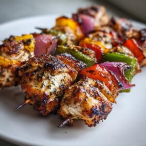 Close-up of perfectly grilled chicken kebabs featuring seasoned chicken chunks, red onion, and colorful bell peppers.