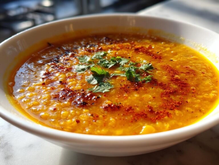 Close-up of a vibrant yellow-orange bowl of dhal, topped with fresh cilantro and a sprinkle of red spice.
