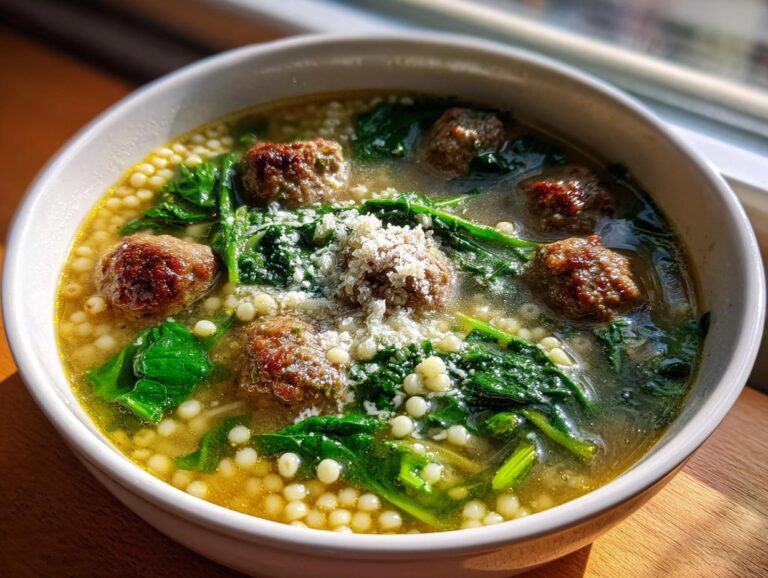 A close-up bowl of homemade wedding soup featuring small meatballs, spinach, acini di pepe pasta, and grated Parmesan cheese.