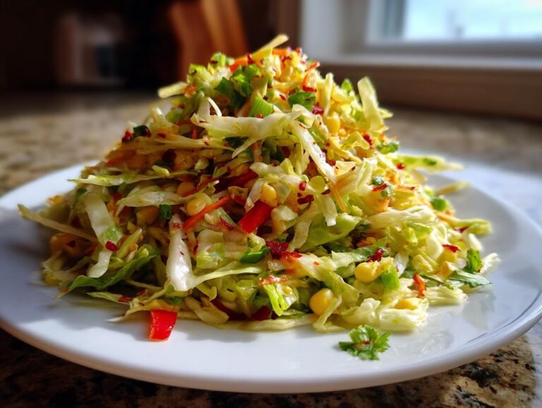 A mound of vibrant zesty corn coleslaw featuring shredded cabbage, corn, and red peppers, served on a white plate.
