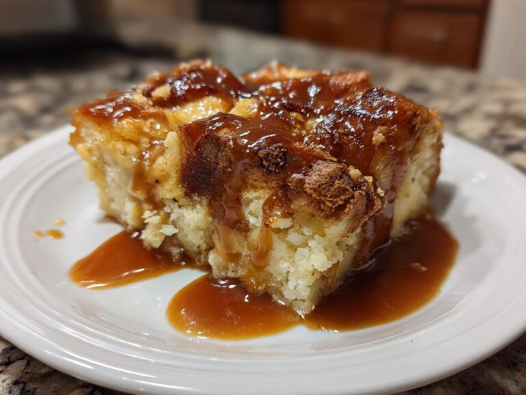 A close-up of a square serving of Buttermilk biscuit bread pudding generously topped with rich caramel sauce.