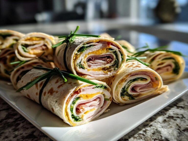 Close-up of several pinwheel Diploma wrap sandwiches, filled with ham, cheese, and greens, tied with chives.
