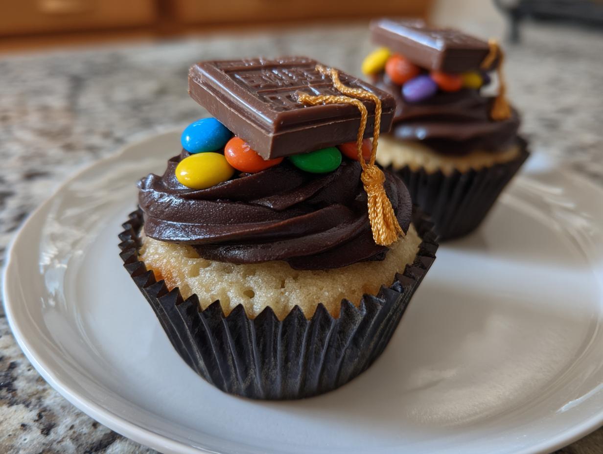 Two vanilla Graduation cap cupcakes with chocolate frosting, M&Ms, and a chocolate square mortarboard.