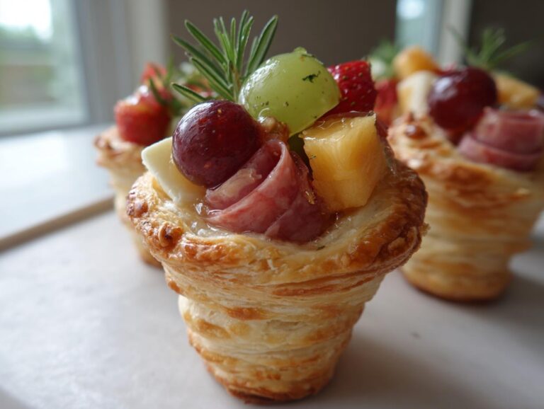 Close-up of a flaky pastry cone filled with fruit, cheese, and rolled meat, part of the Graduation grazing cones.