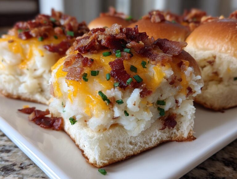 Close-up of a loaded baked potato sliders half, showing mashed potato filling, melted cheddar cheese, bacon bits, and chives on a soft roll.