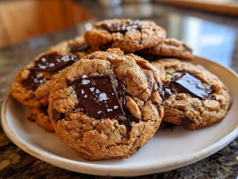 A stack of freshly baked sea salt chocolate chip cookies topped with melted dark chocolate chunks and flaky sea salt.